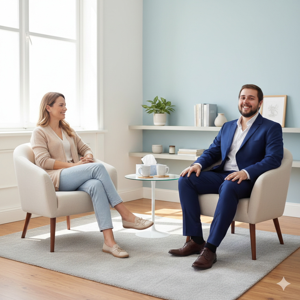 Psicólogo Luís Vergueiro atendendo em seu consultório